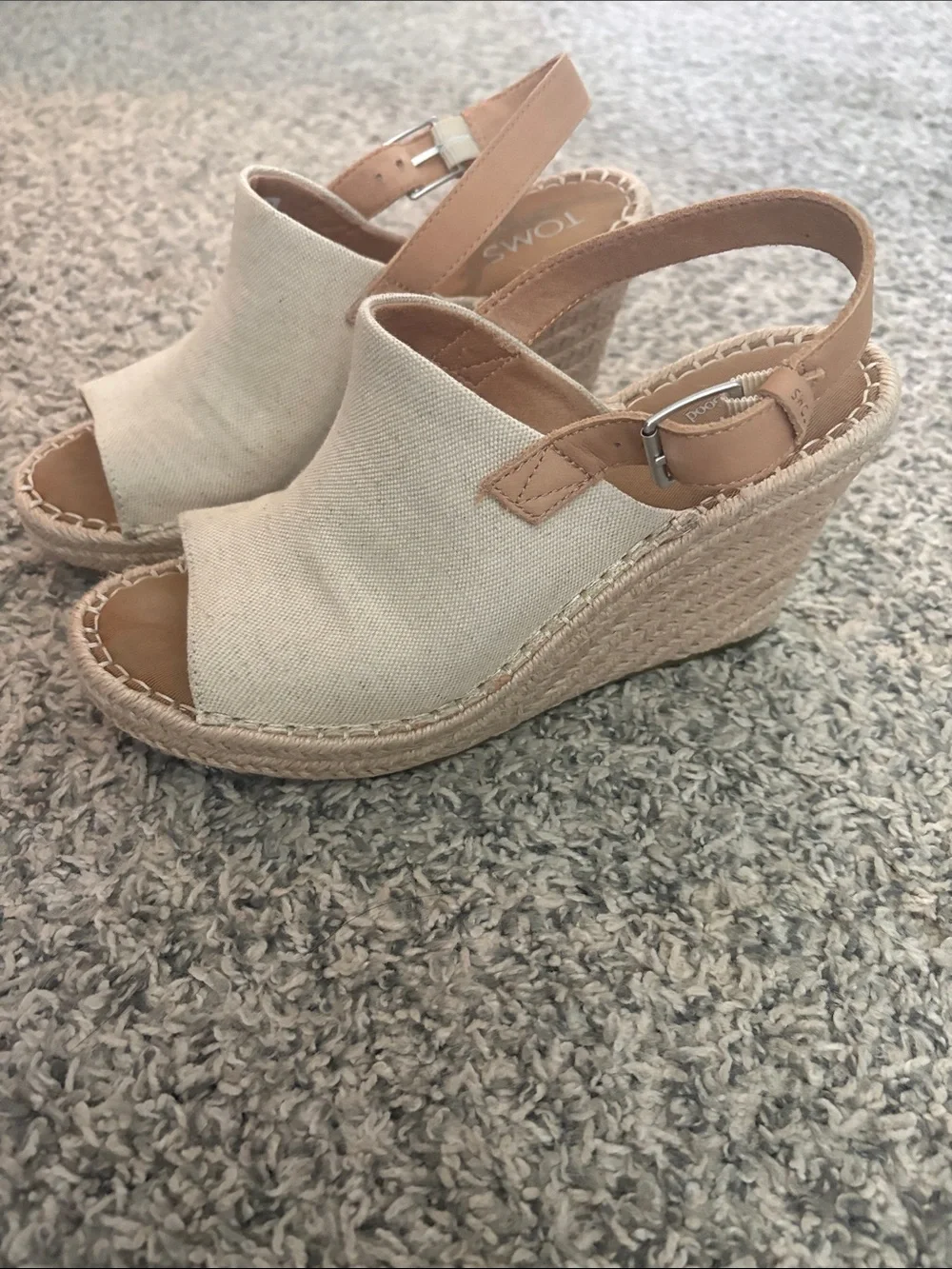 TOMS Canvas Open-Toe Espadrille Wedges in Beige and Tan